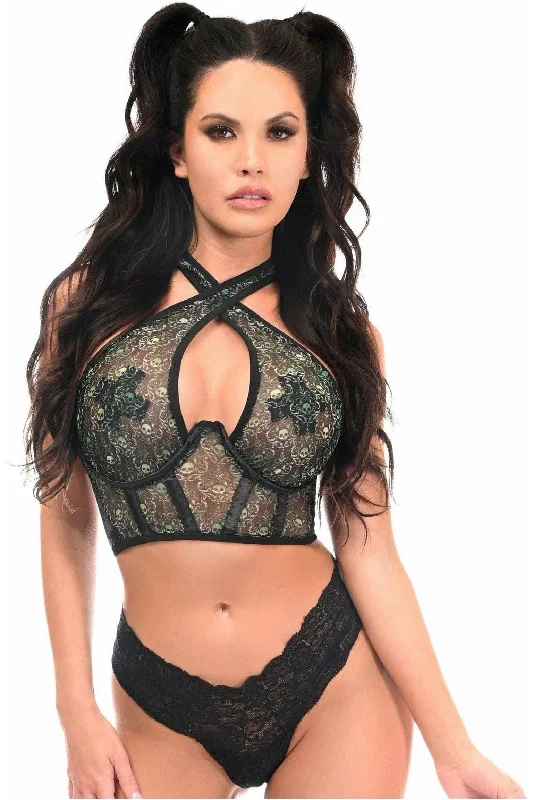 zip front women bustiers and corsets designLavish Green Skulls Print Mesh Underwire Cincher w/Built In Halter Top zip front women bustiers and corsets designLavish Green Skulls Print Mesh Underwire Cincher w/Built In Halter Top