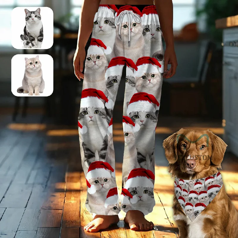 long sleeve women's nightgowns for cold nightsCustom Face Cat Christmas Red Hat Pajama Pants and Pet Dog Bandana