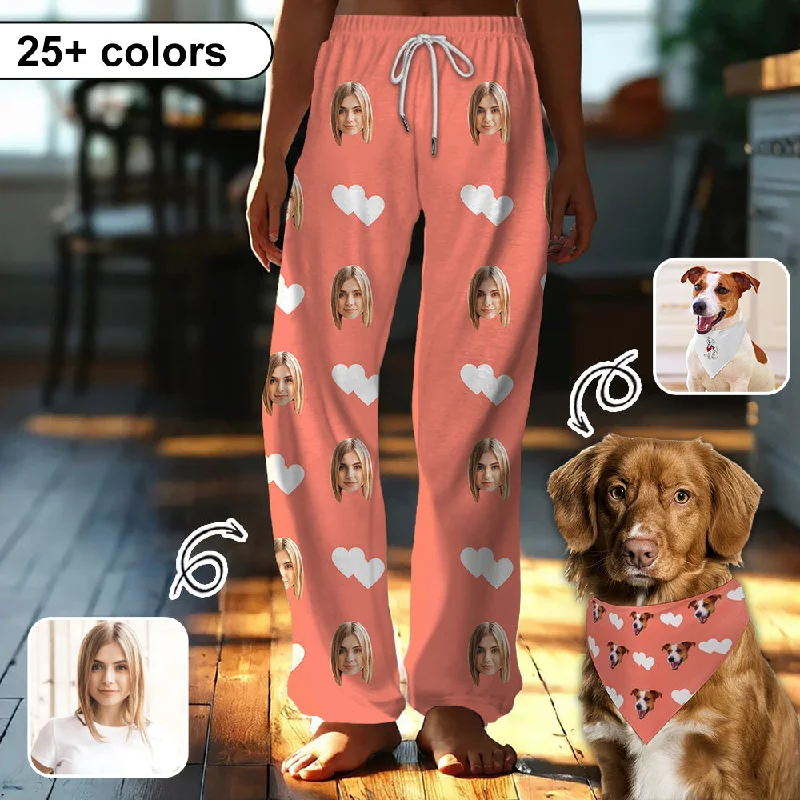 women's nightgowns with a knee - length cutCustom Face White Heart Pink Background Pajama Pants and Pet Dog Bandana