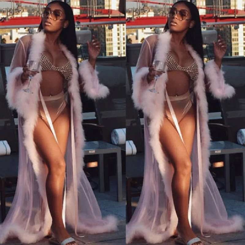 women robes for a hotel stay convenienceLong Marabou & Sheer Mesh Robe