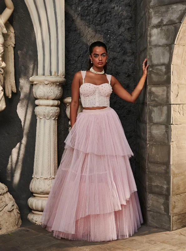 underbust corsets for women fashionKiyana Baby Pink Pearl Tulle Lehenga Set