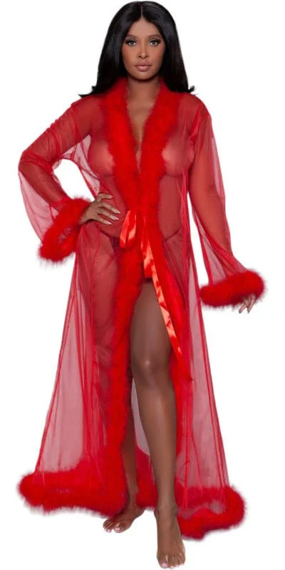 sheer women sexy lingerie layersSexy Long Marabou Robe in Red