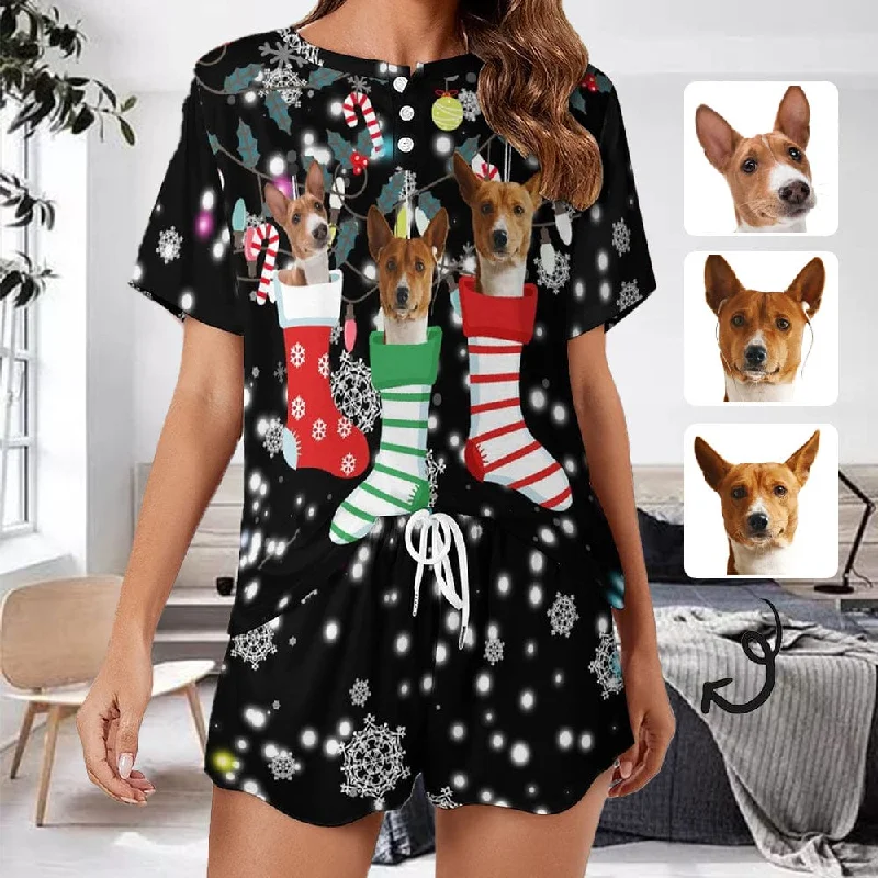 women's nightgowns with a nautical theme【Discount - limited time】Custom Pet Face Dog Christmas Socks Pajama Set Women's Short Sleeve Top and Shorts Loungewear Athletic Tracksuits