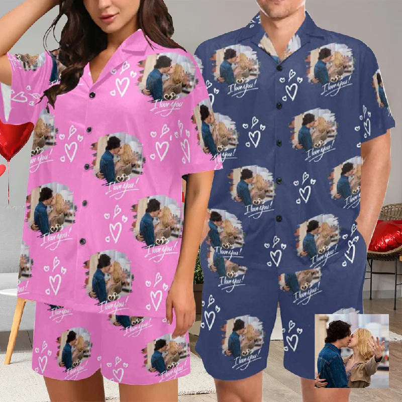 women's sleepshirts with a modern minimalist styleCustom Love Photo Couple Pajama Sets Short Sleeve Loungewear Sleepwear For Valentine's Day