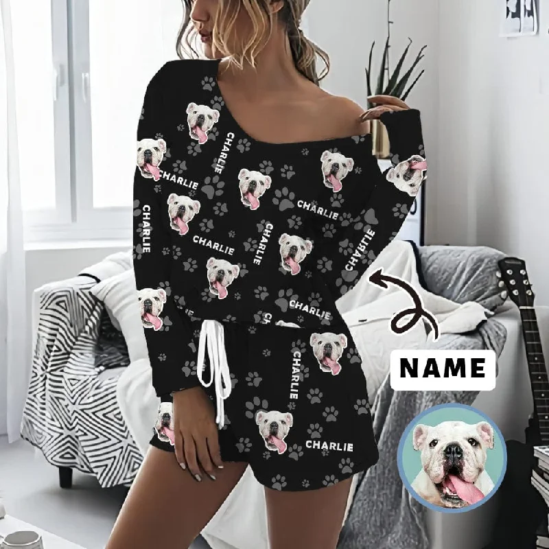 women's sleepshirts for a cozy night by the fireplaceCustom Pet and Name Women's Long Sleeve One Side Off Shoulder Short Pajama Set