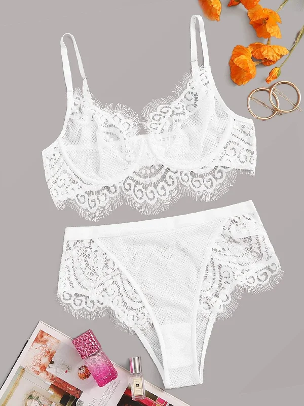 Women's Lingerie with Matching Robes Eyelash Floral Lace Underwire Lingerie Set