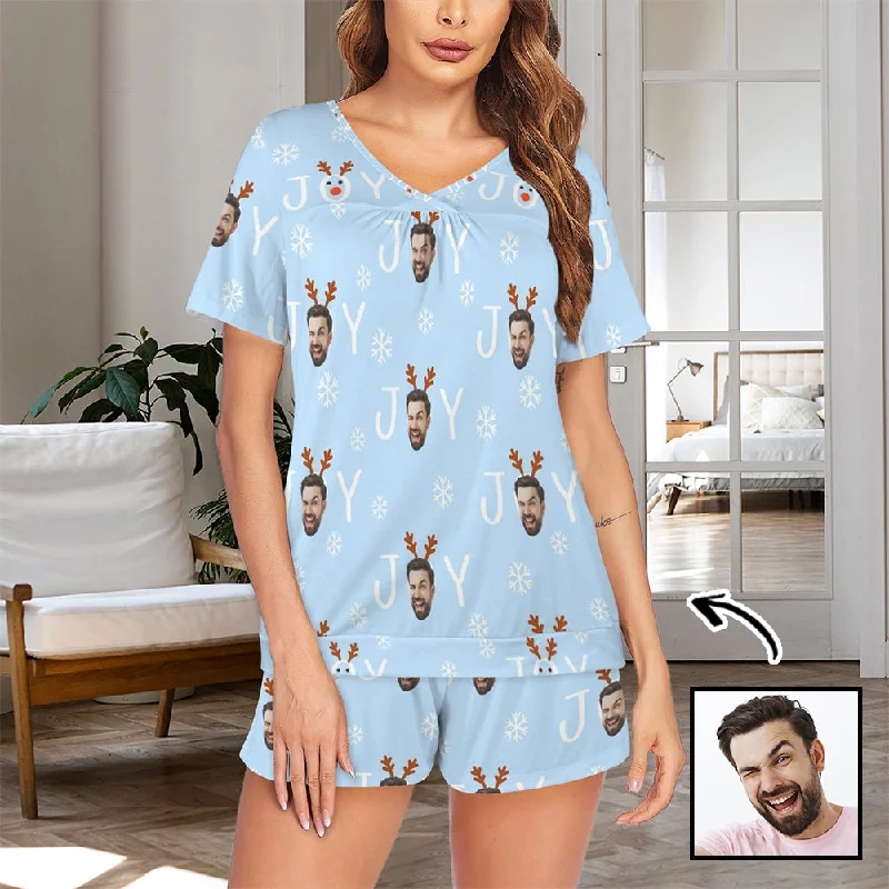 women's sleepshirts with a modern minimalist styleCustom Face Short Blue Pajama Sets Christmas Women's V-Neck Loungewear Sleepwear