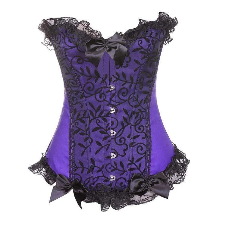 overbust women bustiers and corsetsWomen's Gothic Lace Hem Floral Mesh Splicing Satin Overbust Corsets With T-back