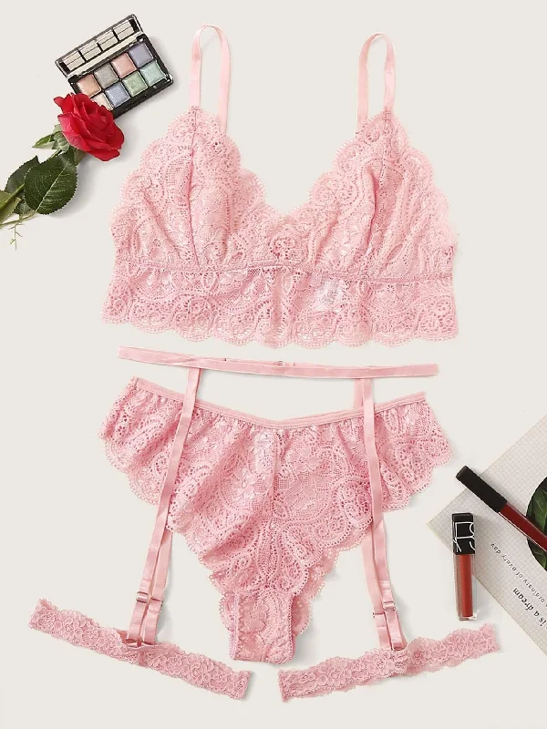 Vintage Inspired Lingerie for Women Floral Lace Garter Lingerie Set