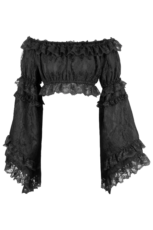 modern women bustiers and corsets trendsBlack Lace Smocked Flare Sleeve Peasant Top