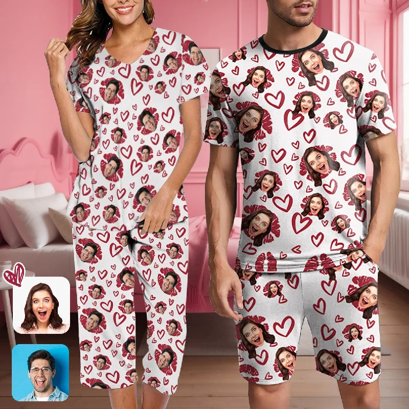 women's sleepshirts with a satin - trimmed necklineCustom Face Love Red Lips Couple Matching Loungewear Set Short Sleeve Shirt and Capri Pants Sleepwear Pajama Set For Valentine's Day