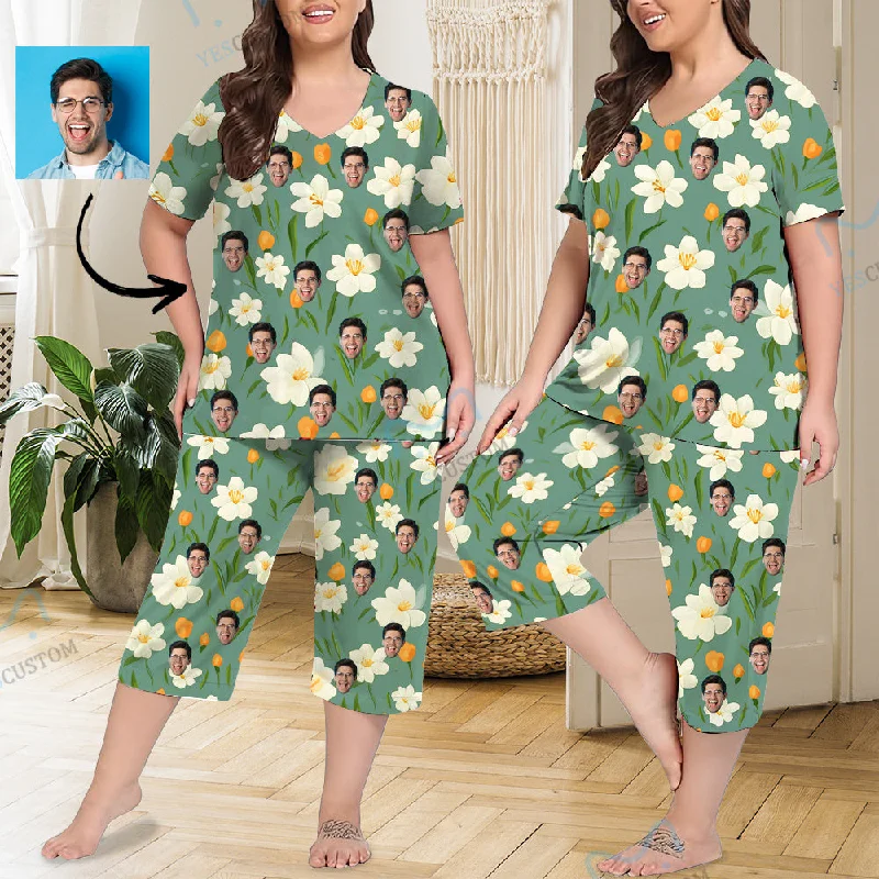 women's nightgowns made of organic materialsCustom Face Green Flowers Women's Loungewear Set Short Sleeve Shirt and Capri Pants Sleepwear Pajama Set