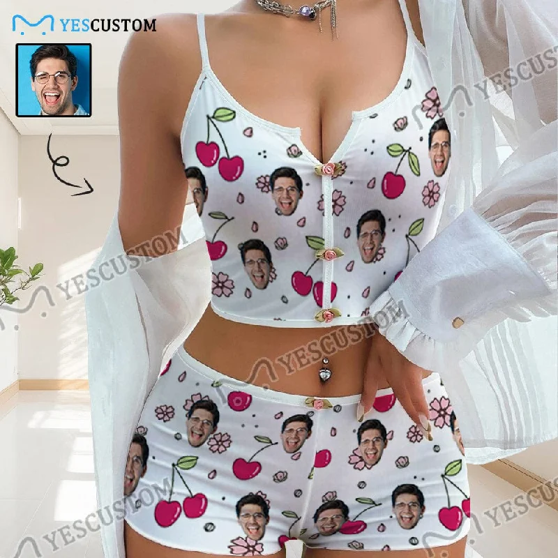 women's sleepshirts with a reversible designPhoto Custom Husband Face Cherry Sleepwear Appliques Notched Neckline Lingerie Set Pajamas Bachelorette party