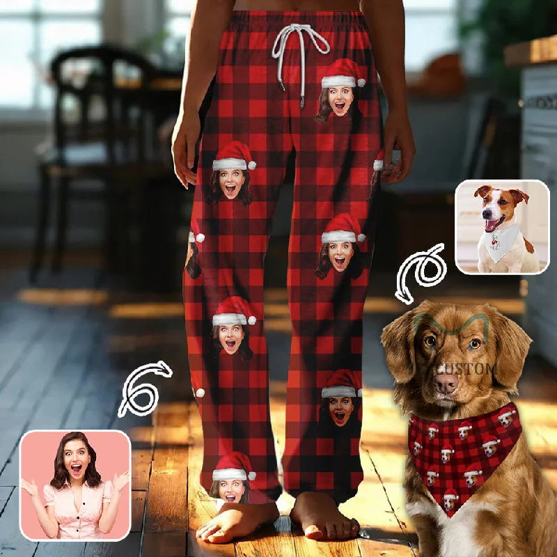 women's nightgowns made of organic materialsCustom Face Buffalo Check Christmas Hat Pajama Pants and Pet Dog Bandana