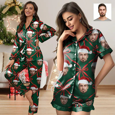 women's sleepshirts with a contrasting collarCustom Face Satin High Quality Pajama Set Silky Comfortable Sleepwear Loungewear