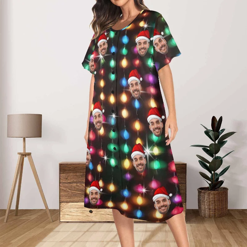 women's sleepshirts for a cozy night by the fireplaceCustom Face Lights Women's Nightshirt Short Sleeve Button Down Nightgown V-Neck Sleepwear Pajama Dress