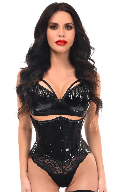 designer women bustiers and corsets collectionsTop Drawer Black Patent PVC Vinyl Double Steel Boned Curvy Cut Waist Cincher