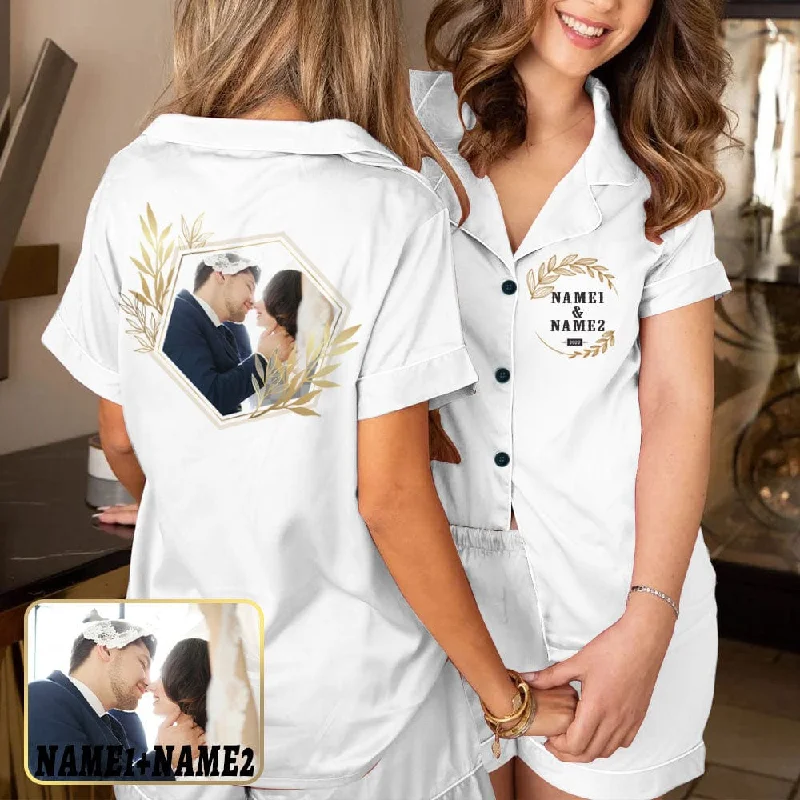 women's nightgowns with a V - neck designCustom Photo&Name Sleepwear Pajamas Personalized Women's V-Neck Short Pajama Set Bridesmaid Wedding Party Pjs Set