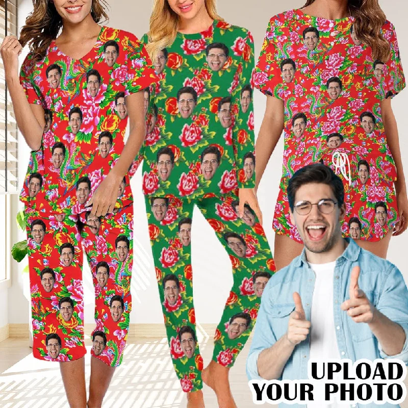 women's sleepshirts with a contrasting collarCustom Face Loungewear Personalized Fashionable Flower Elements Pajamas