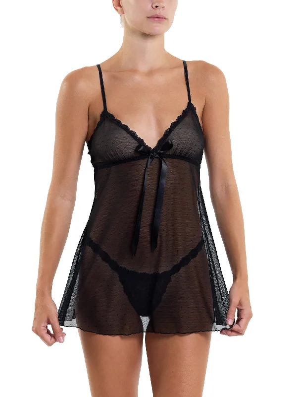 Women's Satin Sleepwear Lingerie Dotted Tulle Babydoll And G-String Black
