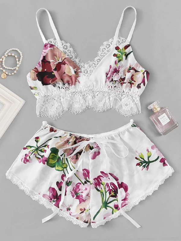 Vintage Inspired Lingerie for Women Lace Trim Floral Lingerie Set