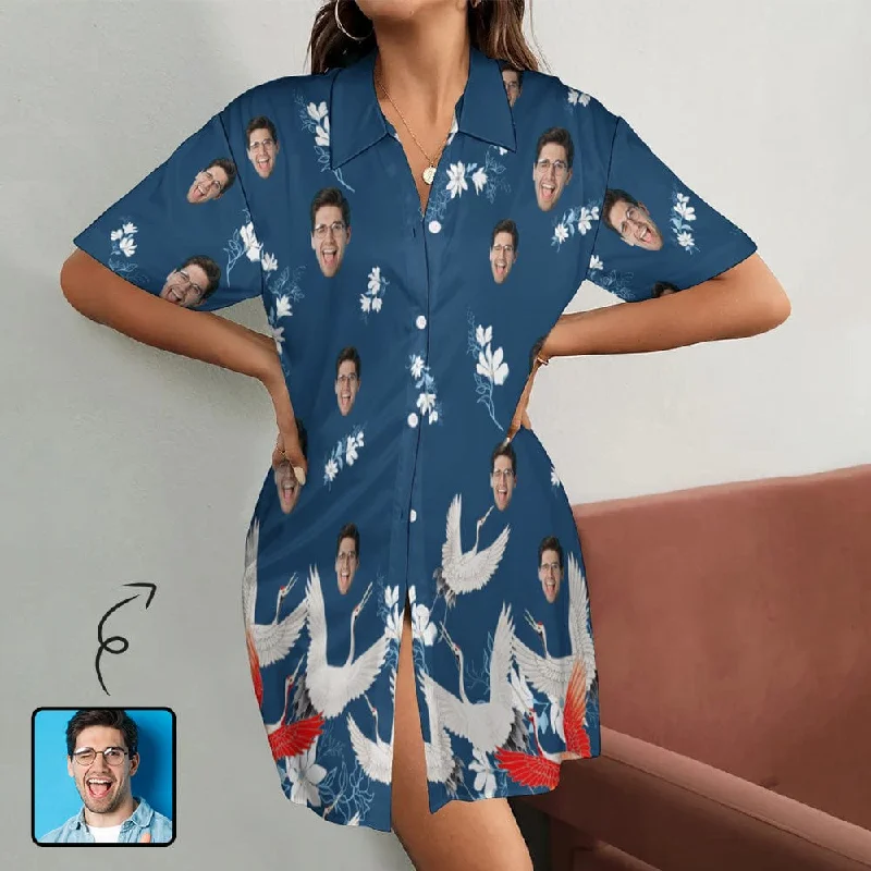 women's sleepshirts with a soft fleece finishCustom Face Red-crowned Crane Blue Satin Nightgown For Women Silk Nightshirt Button Down Pajamas Dress Boyfriend Sleepshirt S-3XL