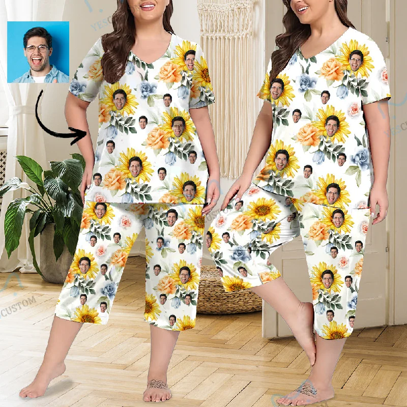 women's sleepshirts with a dropped shoulder designCustom Face Yellow Flowers Women's Loungewear Set Short Sleeve Shirt and Capri Pants Sleepwear Pajama Set