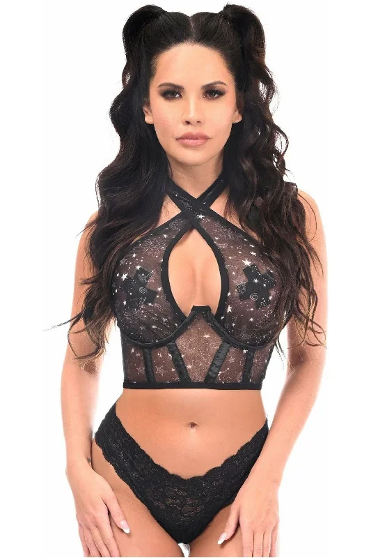 clubbing women bustiers and corsetsLavish Celestial Print Mesh Underwire Cincher w/Built In Halter Top