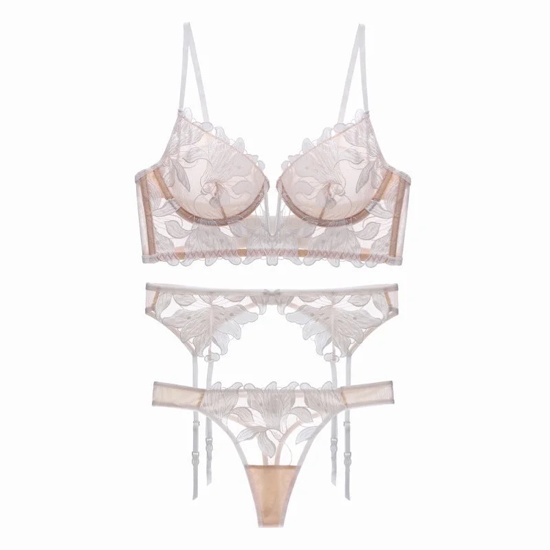 Luxury Lingerie for Special Occasions Ty094Bp3 Deep V Ultra-Thin Gauze Embroidered Garter Belt 3 Piece Underwear Set Luxury Lingerie for Special Occasions Ty094Bp3 Deep V Ultra-Thin Gauze Embroidered Garter Belt 3 Piece Underwear Set