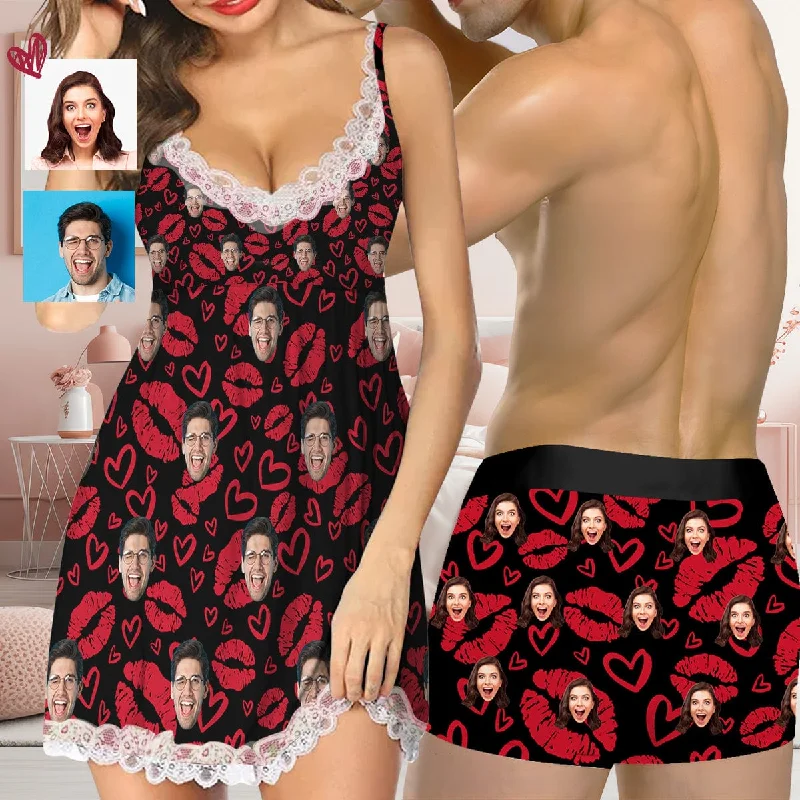 women's sleepshirts with a moisture - wicking fabricCustom Husband Face Big Red Lips Women Lace Sleepwear Back Closure V Neck Nightwear Sexy Chemise Nightie