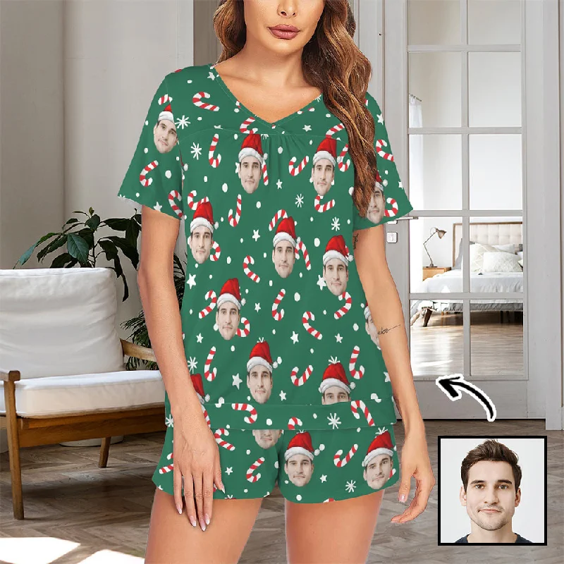 women's sleepshirts with a satin - trimmed necklineCustom Face Short Pajama Sets Christmas Candy Women's V-Neck Loungewear Sleepwear