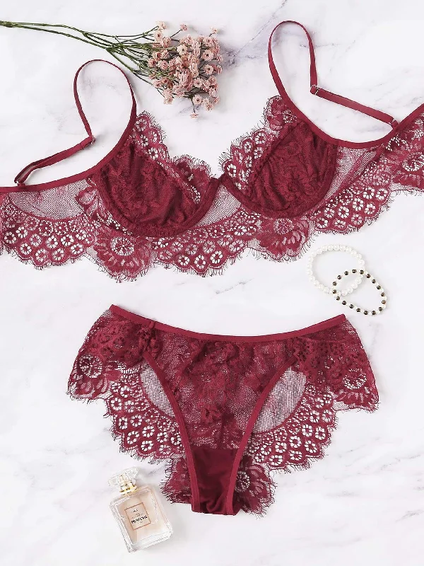 Women's Thermal Lingerie for Cold Weather Scalloped Trim Eyelash Floral Lace Lingerie Set