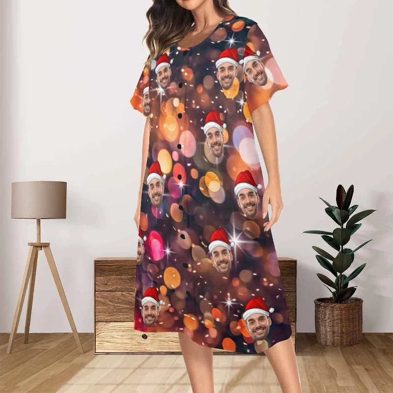 women's sleepshirts with a geometric patternCustom Face Stage Lighting Women's Nightshirt Short Sleeve Button Down Nightgown V-Neck Sleepwear Pajama Dress