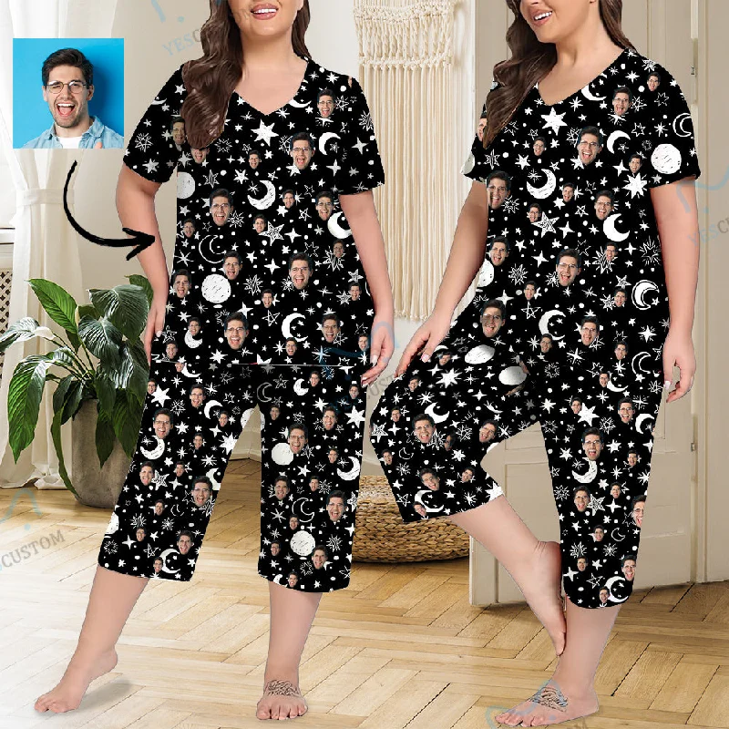 breathable women's nightgowns for hot sleepersCustom Face Black Starry Sky Women's Loungewear Set Short Sleeve Shirt and Capri Pants Sleepwear Pajama Set