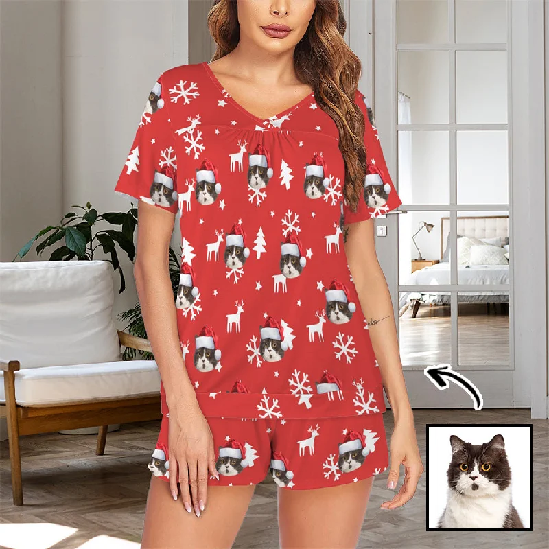 women's sleepshirts for a comfortable work - from - home optionCustom Face Short Pajama Sets Christmas Hat Women's V-Neck Loungewear Sleepwear