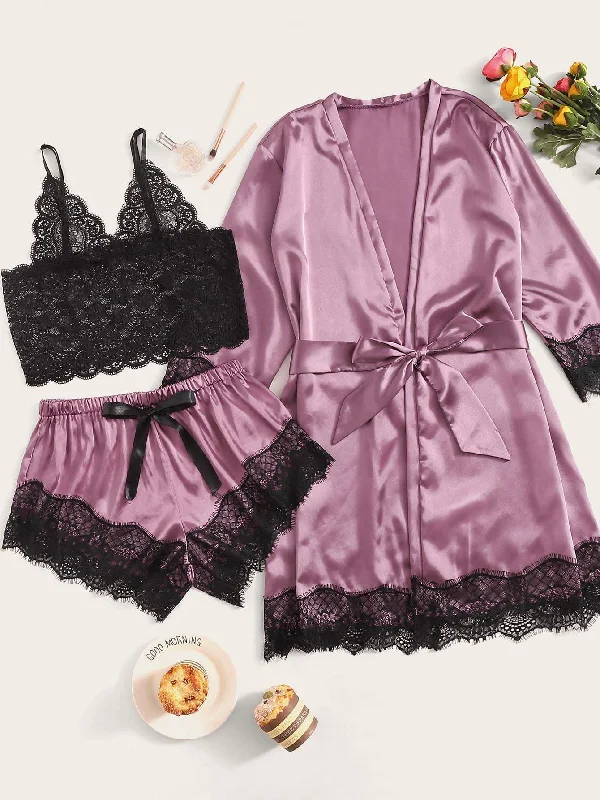 women robes for a formal - wear undergarment optionFloral Lace Satin Lingerie Set With Robe women robes for a formal - wear undergarment optionFloral Lace Satin Lingerie Set With Robe