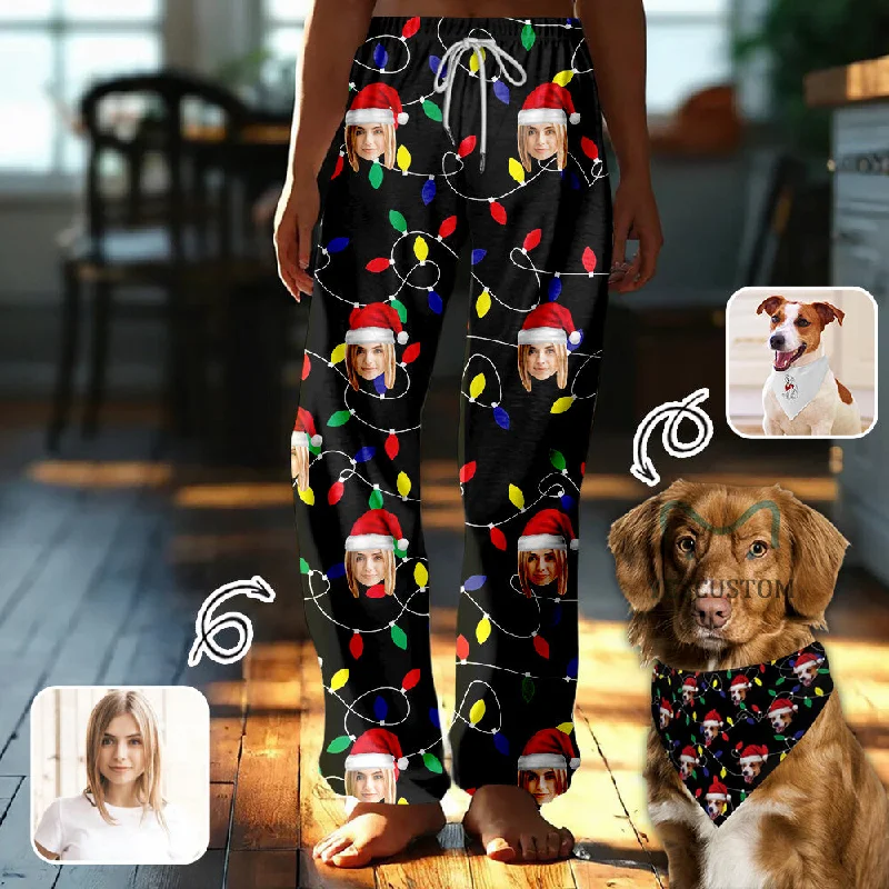 breathable women's nightgowns for hot sleepersCustom Face Colored Light Bulbs Christmas Pajama Pants and Pet Dog Bandana