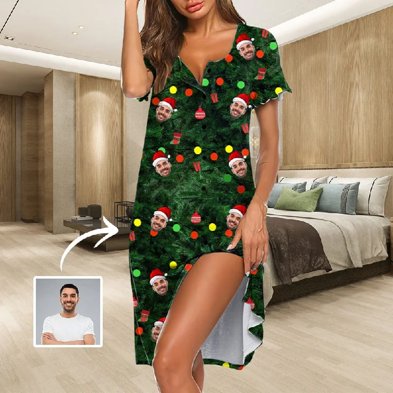 women's sleepshirts for a fashionable loungewear choiceCustom Face Green Christmas Women's Nightshirt Short Sleeve Button Down Nightgown V-Neck Sleepwear Pajama Dress