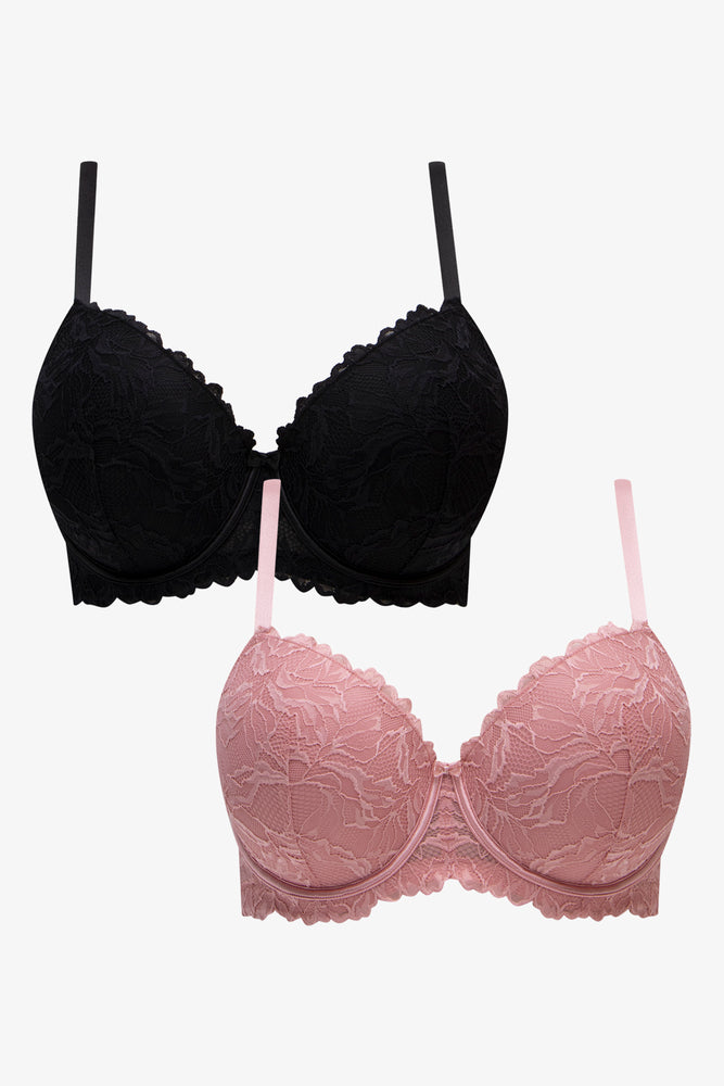 Women's Shapewear Lingerie Sets Plus Size 2 Pack Lace Balconette Bras Black & Pink
