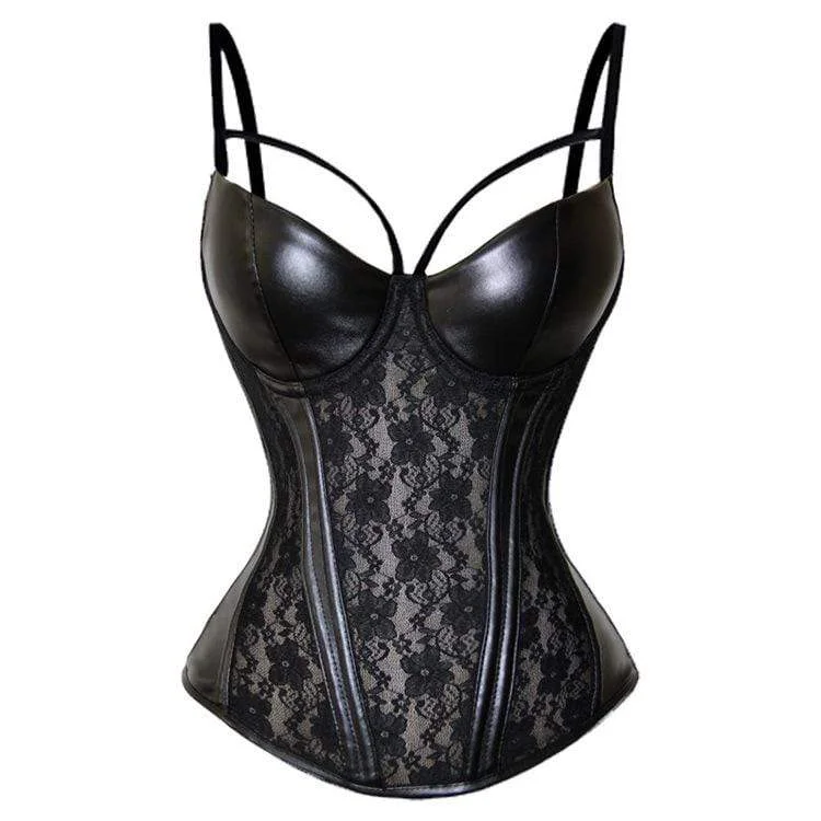 leather women bustiers and corsetsWomen's Gothic Faux Leather Splicing Floral Lace Overbust Corsets With T-back