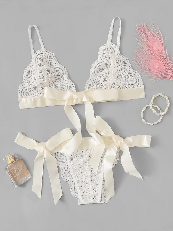 Women's Sheer Lingerie Nightgowns Scalloped Trim Tie Side Lingerie Set