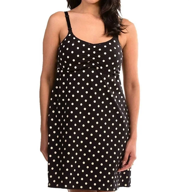 women lounge dress for a hotel stay in styleShirred-Front Comfort Nursing Chemise In Black/tan Dot women lounge dress for a hotel stay in styleShirred-Front Comfort Nursing Chemise In Black/tan Dot