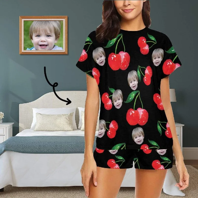 women's nightgowns with pockets for convenience[Limited Time Discount - Lowest Price] Custom Face Pajamas Red Cherry Loungewear Personalized Photo Women's Short Pajama Set