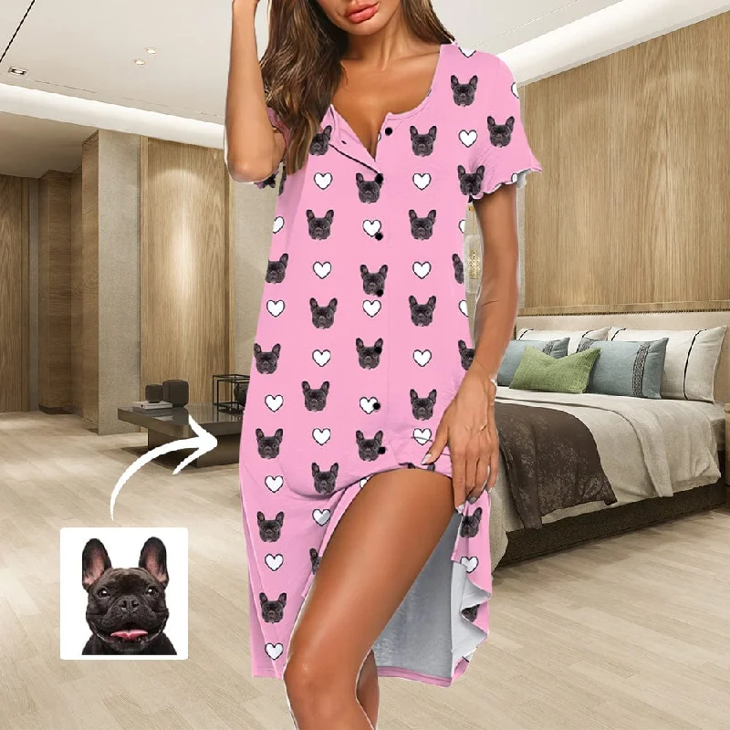 women's sleepshirts with a satin - trimmed necklineCustom Pet Face Pink Women's Nightshirt Short Sleeve Button Down Nightgown V-Neck Sleepwear Pajama Dress