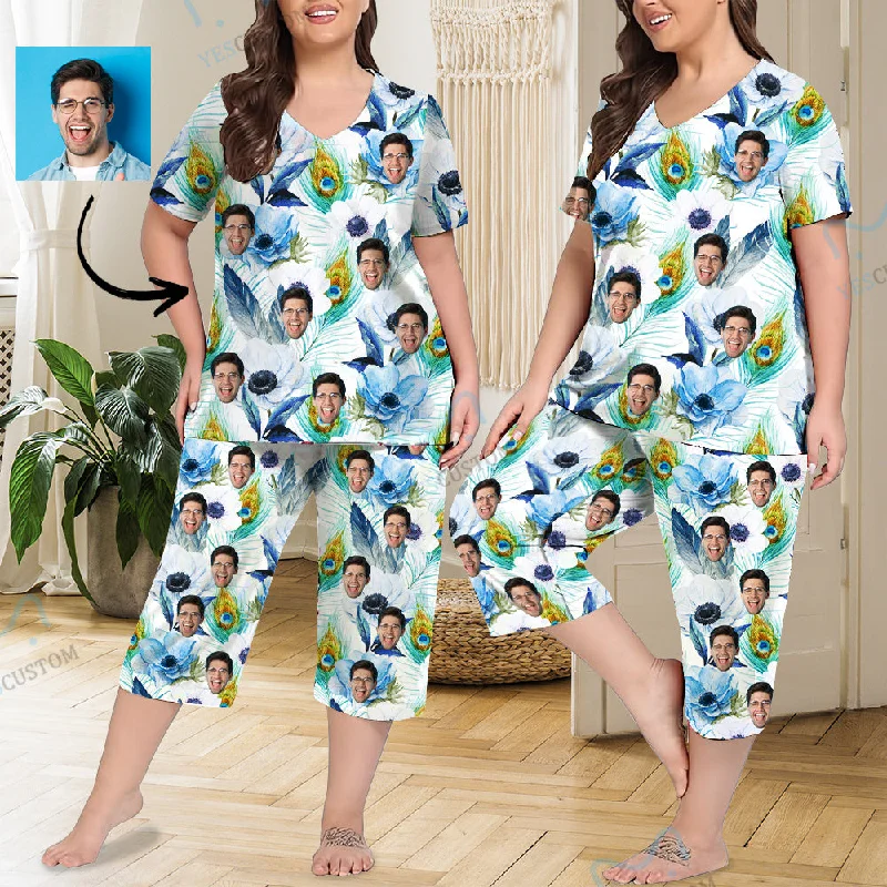 women's nightgowns with a knee - length cutCustom Face Blue White Flowers Women's Loungewear Set Short Sleeve Shirt and Capri Pants Sleepwear Pajama Set