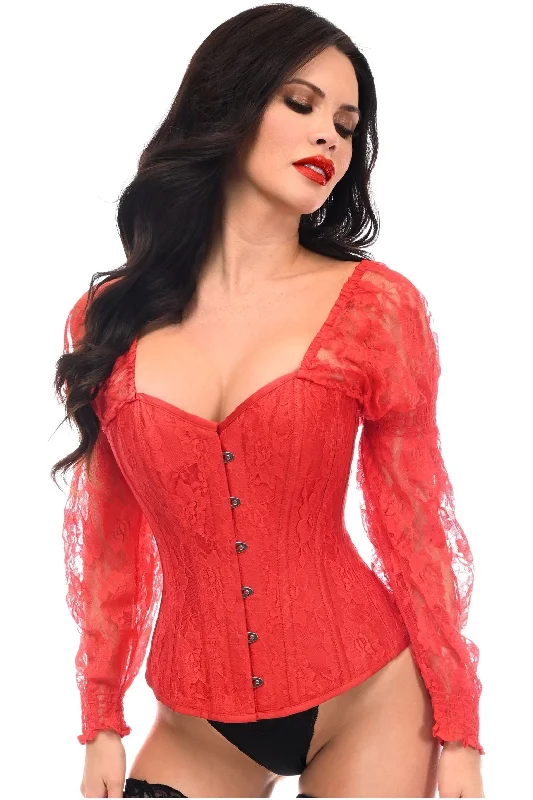 Edwardian inspired women bustiers and corsetsTop Drawer Red w/Red Lace Steel Boned Long Sleeve Corset