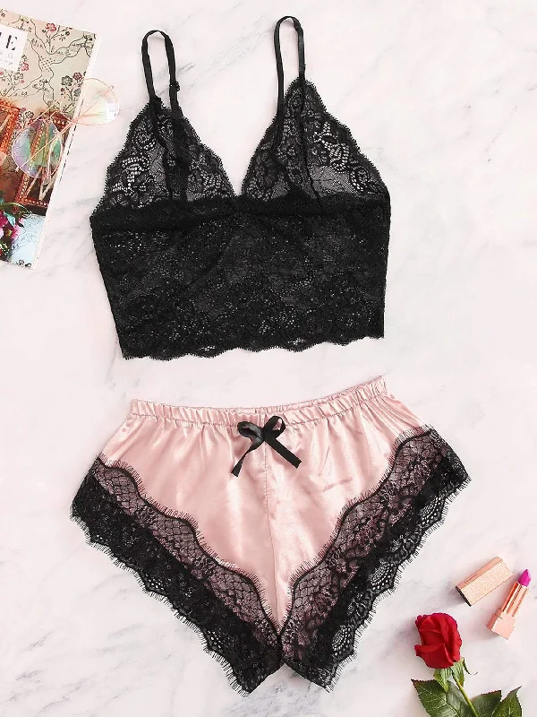 Affordable Lingerie for Women Floral Lace Bralette With Satin Shorts
