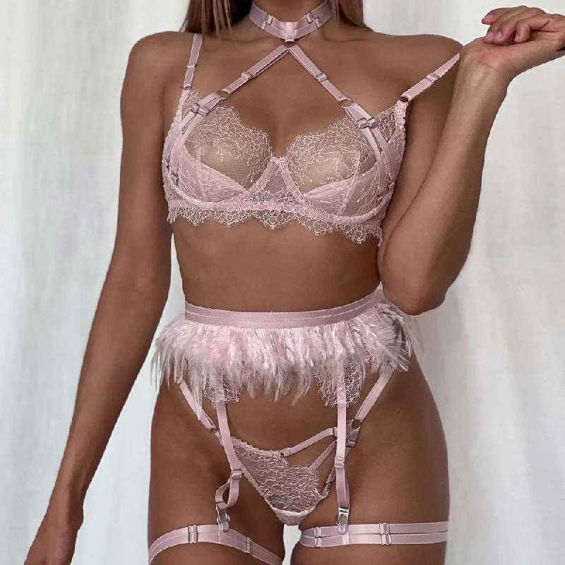 Elegant French Lace Lingerie for Women Complex Heavy Industry Lace Lingerie Lace Feather 5-piece Set Elegant French Lace Lingerie for Women Complex Heavy Industry Lace Lingerie Lace Feather 5-piece Set