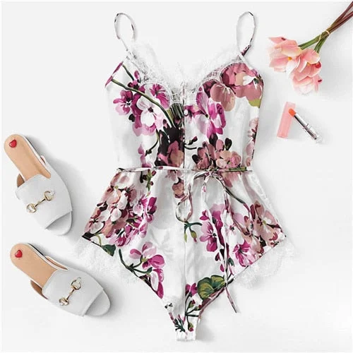 Women's Silk Lingerie Sets Multicolor Lace Trim Floral Teddy Lingerie