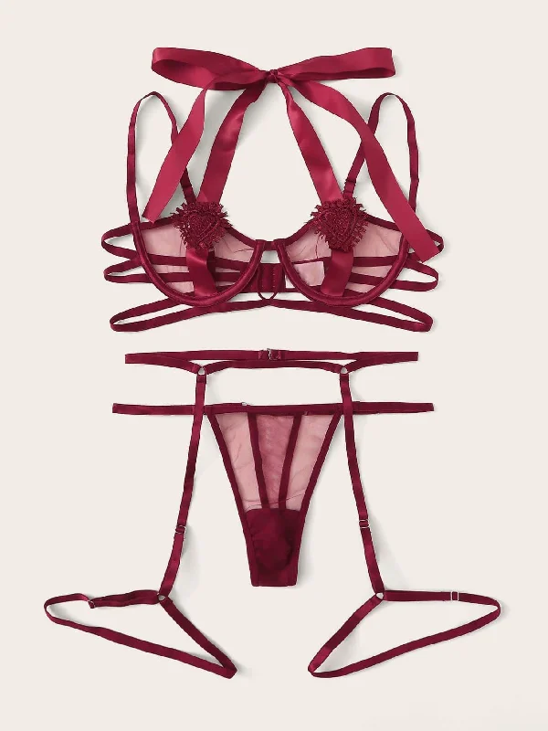Sexy Lingerie for Women with Stockings Contrast Mesh Underwire Garter Lingerie Set